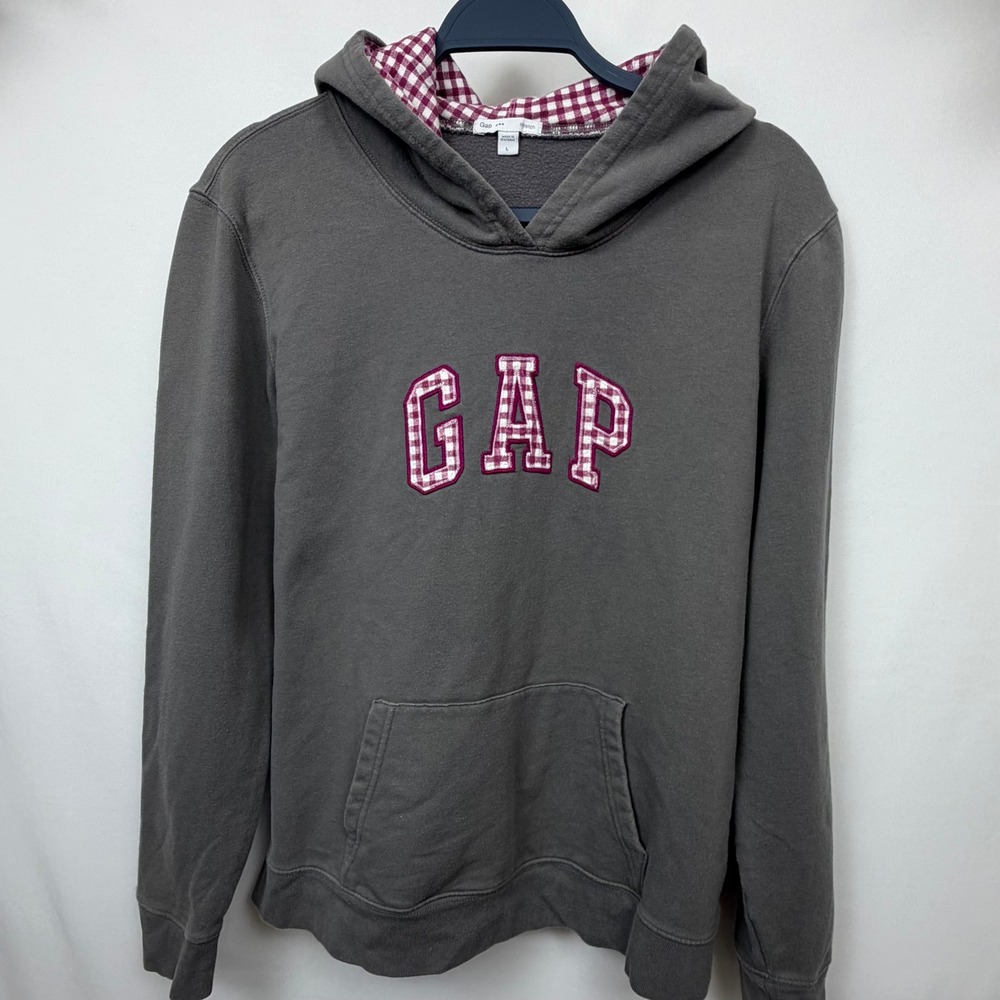 Gap Stretch Hoodie Gray Pink Gingham Plaid Logo Pullover Sweatshirt Womens L